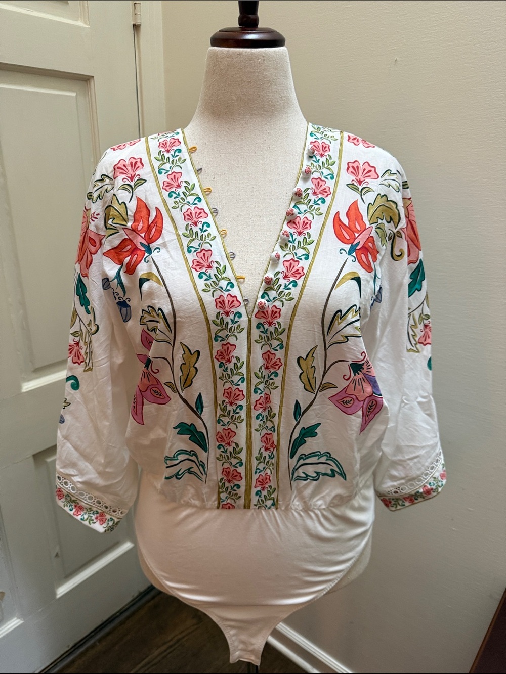 Embroidered Floral V-Neck Women’s Top - White with Multicolor Floral